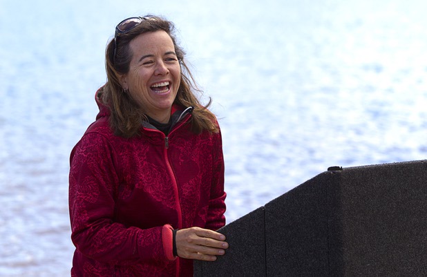 Alison Gannett, owner of Holy Terror farms in Paonoa, Colo., speaks during a news conference at Lake Mead Wednesday, April 17, 2013. American Rivers, Nuestro Rio, Protect the Flows, and the National Young Farmers Coalition held the news conference to announce the Colorado River as America's #1 Most Endangered  River of 2013.