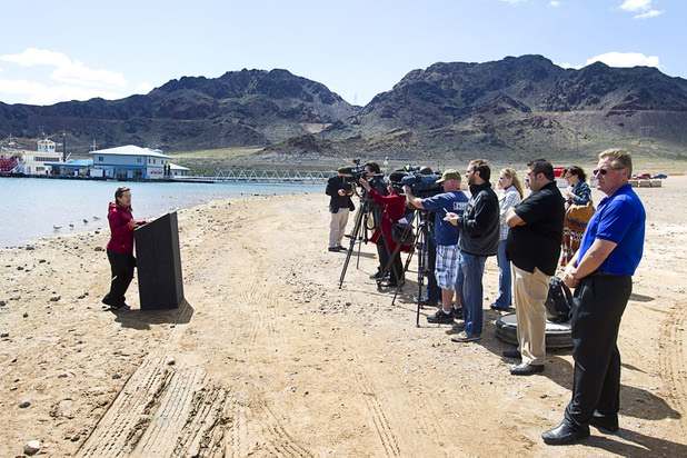 Alison Gannett, owner of Holy Terror farms in Paonoa, Colo., speaks during a news conference at Lake Mead Wednesday, April 17, 2013. American Rivers, Nuestro Rio, Protect the Flows, and the National Young Farmers Coalition held the news conference to announce the Colorado River as America's #1 Most Endangered  River of 2013.