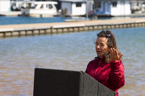 Alison Gannett, owner of Holy Terror farms in Paonoa, Colo., speaks during a news conference at Lake Mead Wednesday, April 17, 2013. American Rivers, Nuestro Rio, Protect the Flows, and the National Young Farmers Coalition held the news conference to announce the Colorado River as America's #1 Most Endangered  River of 2013.