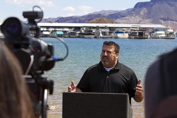 Andres Ramirez, state director of Nuestro Rio, speaks during a news conference at Lake Mead Wednesday, April 17, 2013. American Rivers, Nuestro Rio, Protect the Flows, and the National Young Farmers Coalition held the news conference to announce the Colorado River as America's #1 Most Endangered  River of 2013.