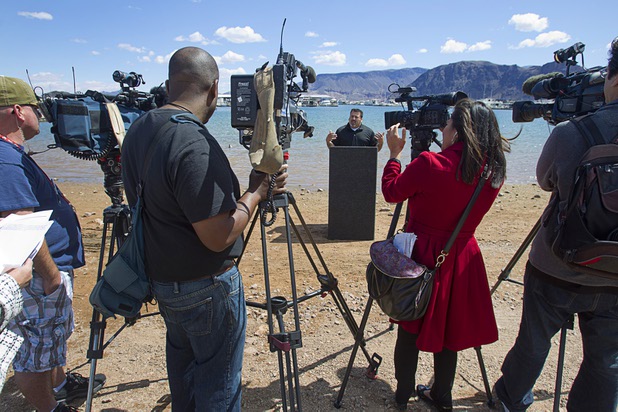 Andres Ramirez, state director of Nuestro Rio, speaks during a news conference at Lake Mead Wednesday, April 17, 2013. American Rivers, Nuestro Rio, Protect the Flows, and the National Young Farmers Coalition held the news conference to announce the Colorado River as America's #1 Most Endangered  River of 2013.