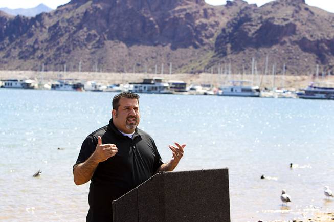 Andres Ramirez, state director of Nuestro Rio, speaks during a news conference at Lake Mead Wednesday, April 17, 2013. American Rivers, Nuestro Rio, Protect the Flows, and the National Young Farmers Coalition held the news conference to announce the Colorado River as America's #1 Most Endangered  River of 2013.