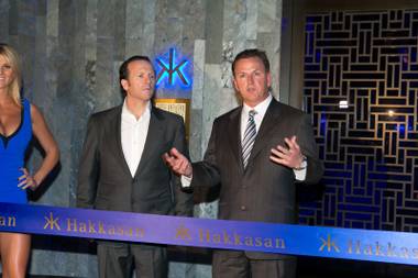 Neil Moffitt, CEO of Angel Management Group, and Scott Sibella, president and COO of MGM Grand, make a few remarks during a ceremonial ribbon cutting for Hakkasan Las Vegas on Thursday, April 18, 2013.