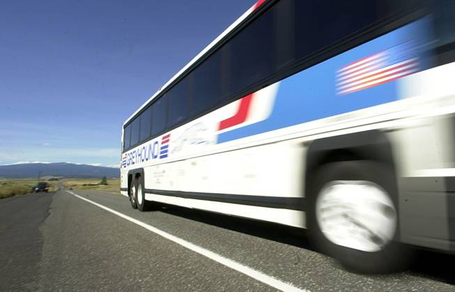 A Greyhound bus whizzes down Highway 97 south of Goldendale, Wash. 