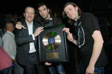 Neil Moffit, left, and Paul Baumer, center, and Maarten Hoogstraten of The Bingo Players, at Hakkasan Las Vegas in MGM Grand on Saturday, April 20, 2013.
