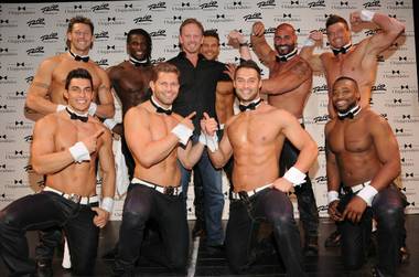 Ian Ziering (he’s the one wearing a shirt) and Chippendales cast members at The Rio.