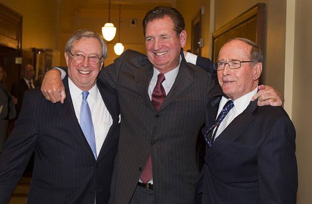 Former Nevada Governors Robert List, left, (1979-1983), Bob Miller, center, (1989-1999) and Richard Bryan (1983-1989) pose at the Mob Museum in downtown Las Vegas Wednesday, April 25, 2013. The former governors spoke during a panel discussion titled Protectors of the State  A Conversation with Three Former Governors. Bryan was also a U.S. senator from 1989 to 2001.