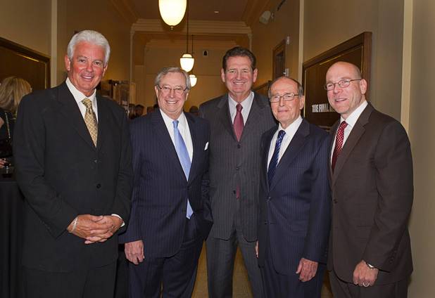 From left: journalist and author Jack Sheehan, former Nevada Governors Robert List, Bob Miller, Richard Bryan and Mob Museum executive director Jonathan Ullman pose at the Mob Museum in downtown Las Vegas Wednesday, April 25, 2013. The former governors spoke during a panel discussion titled Protectors of the State  A Conversation with Three Former Governors. Sheehan moderated the discussion.