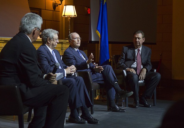 Former Nevada Governors Robert List, left, Richard Bryan, center, and Bob Miller participate in a panel discussion at the Mob Museum in downtown Las Vegas Wednesday, April 25, 2013. Journalist and author Jack Sheehan, far left, moderated the discussion.