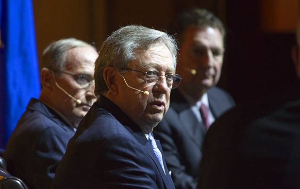 Former Nevada Governors Robert List, center, Richard Bryan, left, and Bob Miller participate in a panel discussion at the Mob Museum in downtown Las Vegas Wednesday, April 25, 2013. 