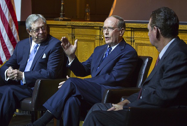 Former Nevada Governors Robert List, left, Richard Bryan, center, and Bob Miller participate in a panel discussion at the Mob Museum in downtown Las Vegas Wednesday, April 25, 2013.