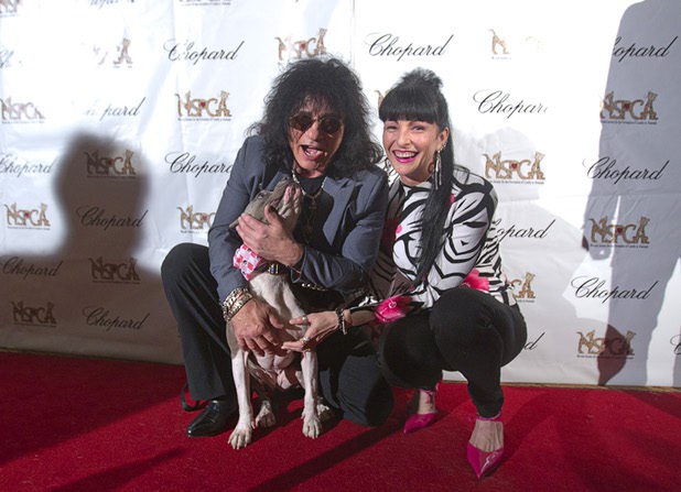 Musician Paul Shortino of Quiet Riot and his wife Carmen pose with Lucy, a bulldog-mix, during "Animals In Wonderland Champagne & High Tea," an annual fundraiser to support the Nevada SPCA (Society for the Prevention of Cruelty to Animals), at the Spanish Trail Country Club Wednesday, April 25, 2013. Shortino is currently performing in "Raiding the Rock Vault" at the LVH. The Nevada SPCA, a nonprofit organization, operates a no-kill animal sanctuary in Las Vegas.