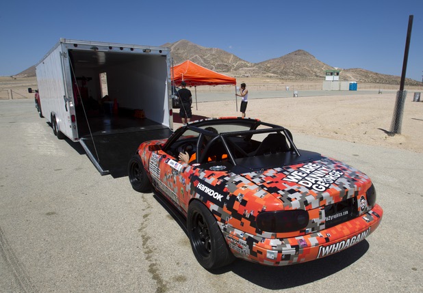 Formula Drift driver Danny George of Las Vegas and his crew set up for testing with the 1990 WreckHouse Mazda Miata at the Willow Springs International Raceway near Rosamund, Calif. Sunday, April 28, 2013. George will compete in round two of the 2013 season at Atlanta on May 10-11.