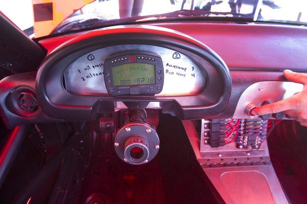 An interior view of the 1990 WreckHouse Mazda Miata at the Willow Springs International Raceway near Rosamund, Calif. Sunday, April 28, 2013. Formula Drift driver Danny George of Las Vegas will compete in round two of the the 2013 season at Atlanta on May 10-11.