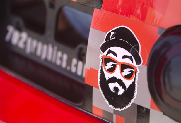 A graphic based on Formula Drift driver Danny George of Las Vegas is shown on the back of the 1990 WreckHouse Mazda Miata at the Willow Springs International Raceway near Rosamund, Calif. Sunday, April 28, 2013. George will compete in round two of the 2013 season at Atlanta on May 10-11.