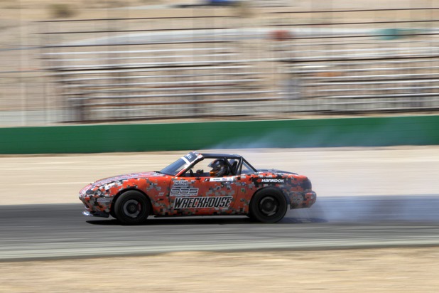 Formula Drift driver Danny George of Las Vegas and his team practice with the 1990 WreckHouse Mazda Miata at the Willow Springs International Raceway near Rosamund, Calif. Sunday, April 28, 2013. George will compete in round two of the 2013 season at Atlanta on May 10-11.