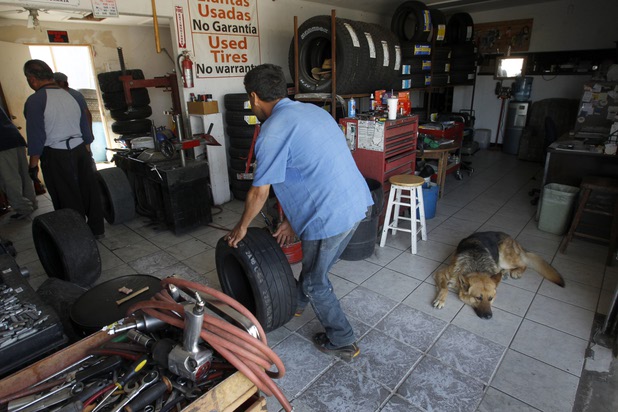 Since the team doesn't have a tire changing machine, they head to Rivera's Tires in Rosamund, Calif. to get some fresh new rubber on the rims Sunday, April 28, 2013. George will compete in round two of the 2013 season at Atlanta on May 10-11.
