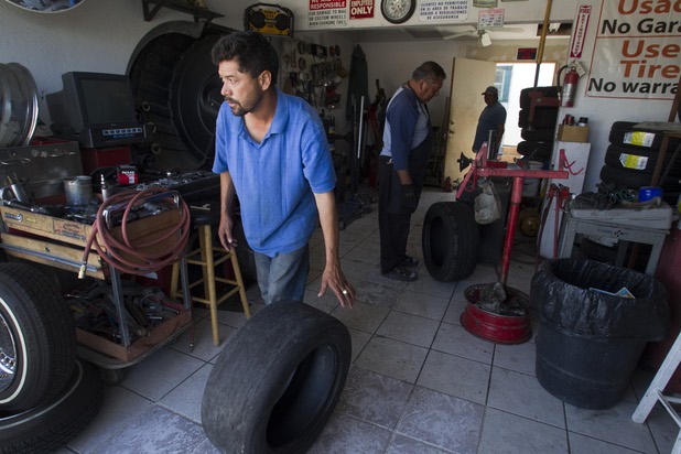 Since the team doesn't have a tire changing machine, they head to Rivera's Tires in Rosamund, Calif. to get some fresh new rubber on the rims Sunday, April 28, 2013. George will compete in round two of the 2013 season at Atlanta on May 10-11.