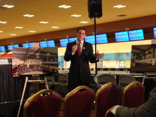 Ryan Growney, general manager of the South Point, shows renderings of the planned $30 million bowling tournament facility at the South Point, April 30, 2013. 