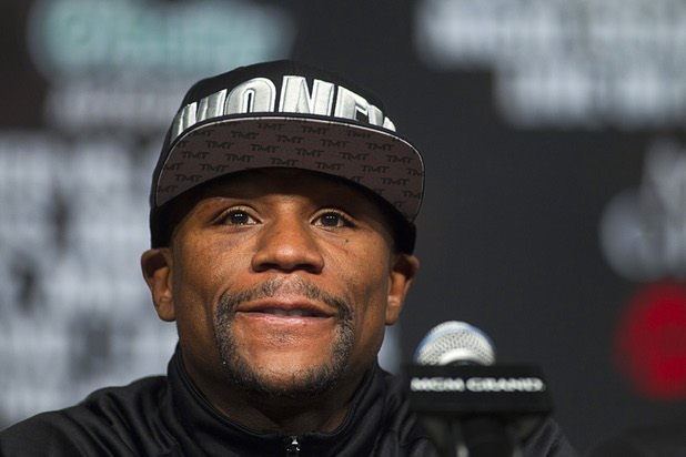 Undefeated WBC welterweight champion Floyd Mayweather Jr. attends a news conference at the MGM Grand Wednesday, May 1, 2013. Mayweather will defend his title against Robert Guerrero at the MGM Grand Garden Arena on Saturday.