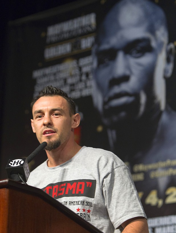Welterweight boxer Robert Guerrero speaks during a news conference at the MGM Grand Wednesday, May 1, 2013. Guerrero will challenge undefeated WBC welterweight champion Floyd Mayweather Jr. at the MGM Grand Garden Arena on Saturday.