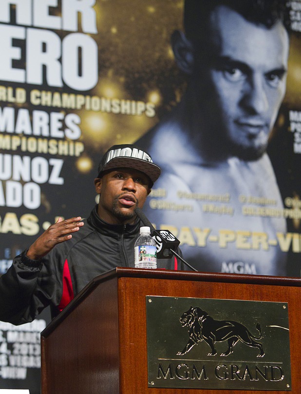 Undefeated WBC welterweight champion Floyd Mayweather Jr. speaks during a news conference at the MGM Grand Wednesday, May 1, 2013. Mayweather will defend his title against Robert Guerrero at the MGM Grand Garden Arena on Saturday.
