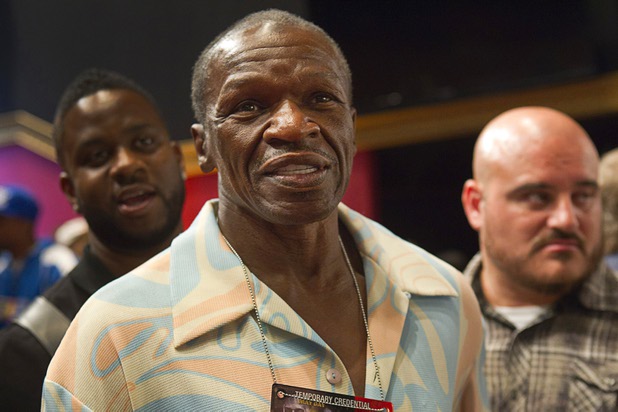 Floyd Mayweather Sr., center, father of undefeated WBC welterweight champion Floyd Mayweather Jr., attends a news conference at the MGM Grand Wednesday, May 1, 2013. Mayweather Jr. will defend his title against Robert Guerrero at the MGM Grand Garden Arena on Saturday.