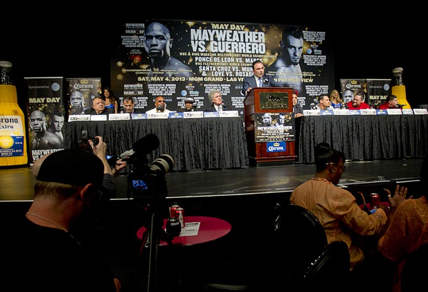 Richard Schaefer, CEO of Golden Boy Promotions, speaks during a news conference at the MGM Grand Wednesday, May 1, 2013.