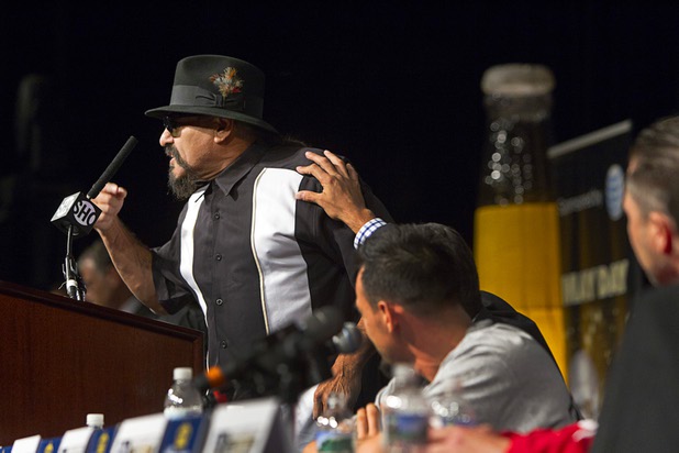 Ruben Guerrero, father of boxer Robert Guerrero, calls Floyd Mayweather Jr. a "woman-beater" during a news conference at the MGM MGM Grand Wednesday, May 1, 2013.