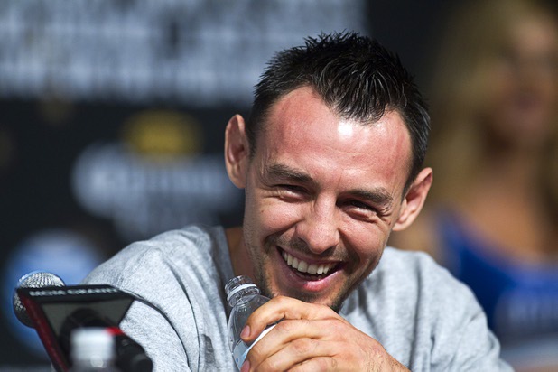 Welterweight boxer Robert Guerrero laughs a news conference at the MGM Grand Wednesday, May 1, 2013. Guerrero will challenge undefeated WBC welterweight champion Floyd Mayweather Jr. at the MGM Grand Garden Arena on Saturday.