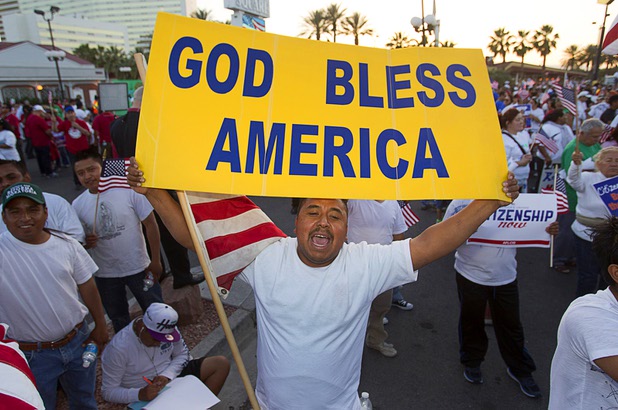 Roberto Jacobo returns a chant during a May Day rally and march for comprehensive immigration reform at St. Louis Square Wednesday, May 1, 2013. The event started at the George Federal Building downtown, then marchers traveled south on Las Vegas Boulevard, finishing with a rally at St. Louis Square near the Stratosphere.