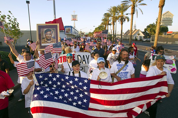 Marchers head down Las Vegas Boulevard during a May Day rally and march for comprehensive immigration reform Wednesday, May 1, 2013. The event started at the George Federal Building downtown and ended with a rally at St. Louis Square near the Stratosphere.