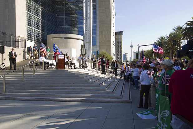 Geoconda Arguello Kline, secretary-treasurer of the Culinary Union Local 226, speaks during a May Day rally and march for comprehensive immigration reform Wednesday, May 1, 2013. The event started at the George Federal Building downtown, then marchers traveled south on Las Vegas Boulevard, finishing with a rally at St. Louis Square near the Stratosphere.