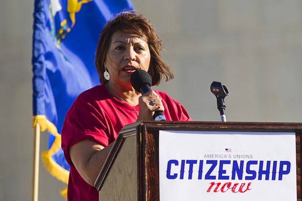 Geoconda Arguello Kline, secretary-treasurer of the Culinary Union Local 226, speaks during a May Day rally and march for comprehensive immigration reform Wednesday, May 1, 2013. The event started at the George Federal Building downtown, then marchers traveled south on Las Vegas Boulevard, finishing with a rally at St. Louis Square near the Stratosphere.
