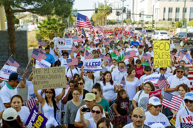 A sea of marchers head southbound on Las Vegas Boulevard during a May Day rally and march for comprehensive immigration reform in downtown Las Vegas Wednesday, May 1, 2013. The event started at the George Federal Building downtown, then marchers traveled south to a rally at St. Louis Square near the Stratosphere.