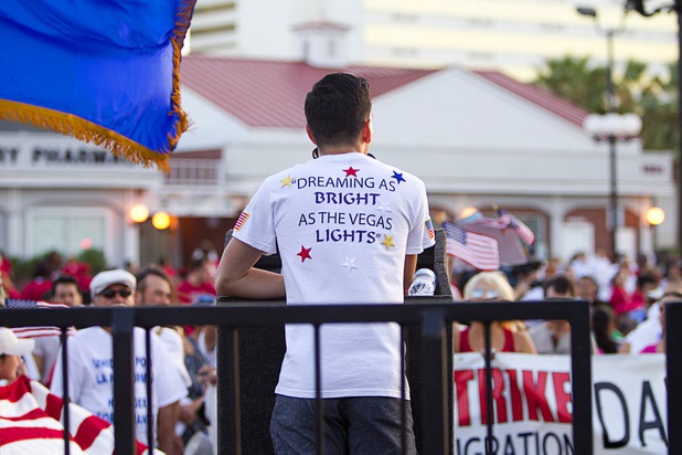 A dreamer speaks during a May Day rally and march for comprehensive immigration reform at St. Louis Square Wednesday, May 1, 2013. The event started at the George Federal Building downtown, then marchers traveled south on Las Vegas Boulevard, finishing with a rally at St. Louis Square near the Stratosphere.