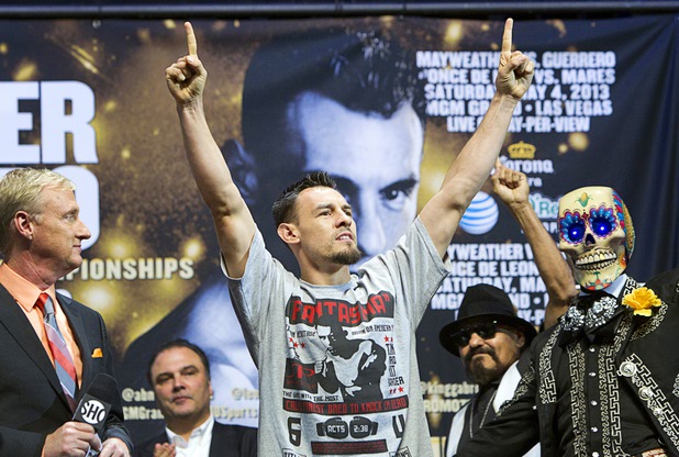 Welterweight boxer Robert Guerrero arrives for an official weigh-in at the MGM Grand Garden Arena Friday, May 3, 2013. Guerrero will challenge undefeated WBC welterweight champion Floyd Mayweather Jr. for the title at the arena on Saturday.