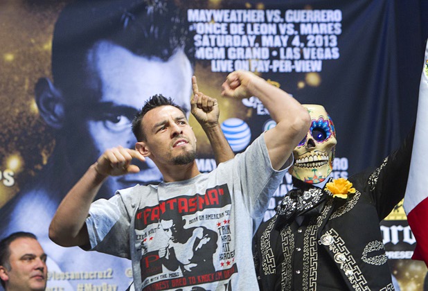 Welterweight boxer Robert Guerrero arrives for an official weigh-in at the MGM Grand Garden Arena Friday, May 3, 2013. Guerrero will challenge undefeated WBC welterweight champion Floyd Mayweather Jr. for the title at the arena on Saturday.