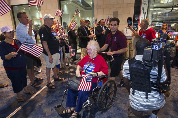 World War II Navy nurse Edna Filson, 93, of Boulder City, is welcomed back after the first Las Vegas Honor Flight at McCarran International Airport Sunday, May 5, 2013. About 35 Southern Nevada veterans visited Baltimore and memorials in Washington D.C.