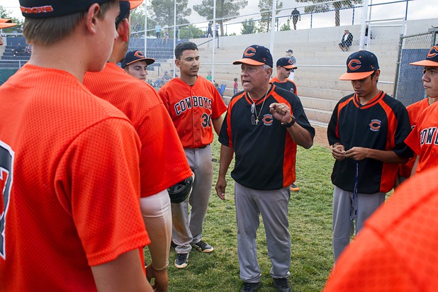 Chaparral High School baseball coach David Soto addresses players during the 2013 playoffs.