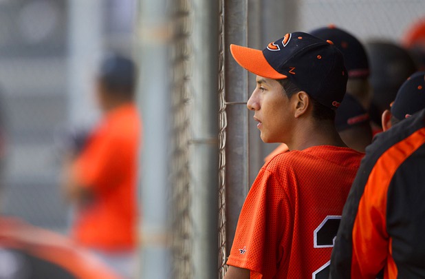 Chaparral's Jerry Zendejas watches from the dugout during a playoff game against the Boulder City Eagles in Boulder City Tuesday, May 7, 2013.