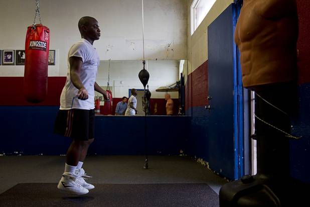 Mike McCallum Jr., a Silverado High School student, jumps rope at Johnny Tocco's Boxing Gym Thursday, May 9, 2013.  Mike McCallum Sr., known as the "Body Snatcher" for his fierce body punching, won world titles in three weight divisions.