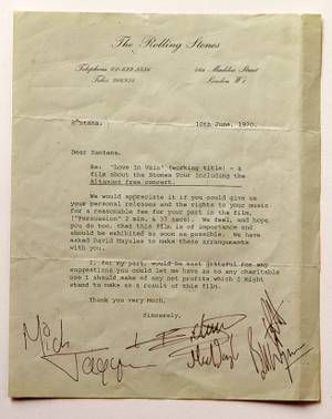 A letter from The Rolling Stones to Carlos Santana asking for permission to use his image and music in the documentary “Gimme Shelter.”