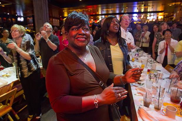 Linda Dent, center, of Birmingham, Ala. dances during a Mother's Day “Kirk Franklin’s Gospel Brunch” at the House of Blues in Mandalay Bay Sunday, May 12, 2013.