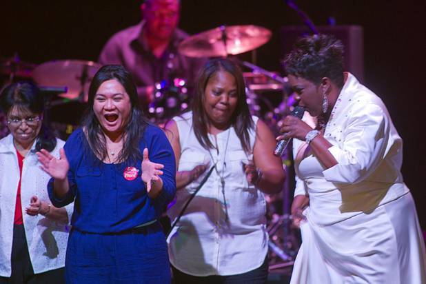 Members of the audience celebrating birthdays or marriage anniversaries dance on stage with Sharon Smith and the Nu Vision Ensemble during a Mother's Day “Kirk Franklin’s Gospel Brunch” at the House of Blues in Mandalay Bay Sunday, May 12, 2013. Host Patti Pennington sings at right.