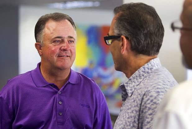 Don Logan, left, executive vice president of the Las Vegas 51s, talks with investor Steve Mack during a news conference at Cashman Field after a deal was finalized to buy the Las Vegas 51s on Monday, May 13, 2013. Summerlin Las Vegas Baseball Club LLC, a joint venture of the Howard Hughes Corp. and Play Ball Owners Group — including investors Mack, Bart Wear and Chris Kaempfer — purchased the 51s and plans to move the franchise to a new stadium in Summerlin.