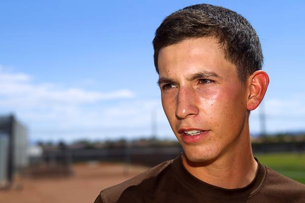 David Estrada responds to a question during an interview at Bonanza High School Monday, May 13, 2013. Bonanza is the surprise team in the state tournament, upsetting the seven-time state champion Bishop Gorman High School twice in last week's double elimination Sunset Regional event.