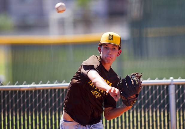Pitcher David Estrada throws during practice at Bonanza High School Monday, May 13, 2013. Bonanza is the surprise team in the state tournament, upsetting the seven-time state champion Bishop Gorman High School twice in last week's double elimination Sunset Regional event.