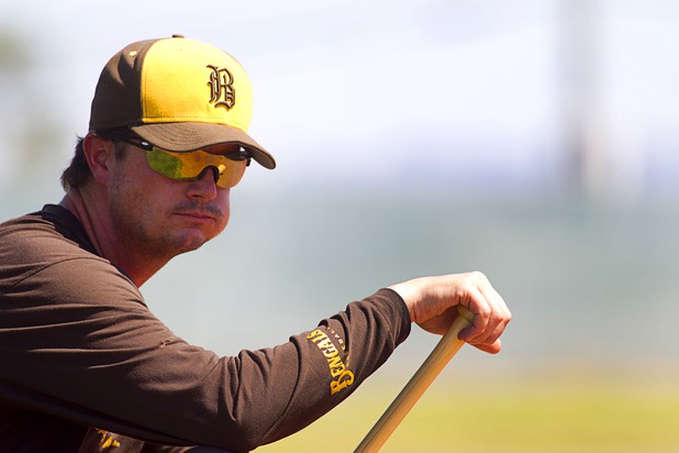 Coach Derek Stafford watches his team practice at Bonanza High School Monday, May 13, 2013. Bonanza is the surprise team in the state tournament, upsetting the seven-time state champion Bishop Gorman High School twice in last week's double elimination Sunset Regional event.