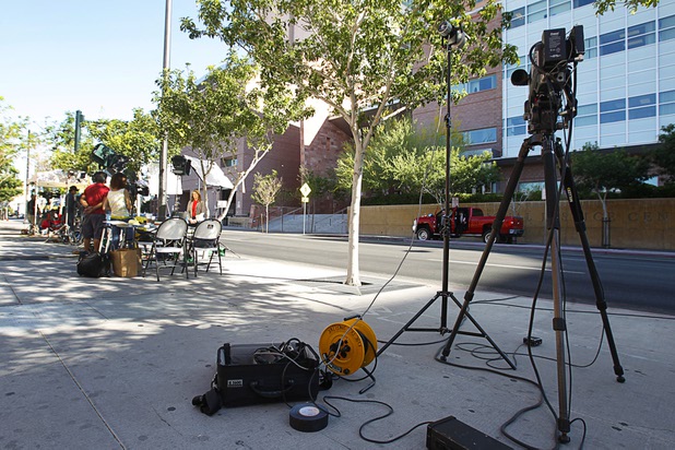 Media outlets set up outside the Regional Justice Center before an O.J. Simpson evidentiary hearing Monday, May 13, 2013. Simpson, currently serving a nine-to-33-year sentence as a result of his October 2008 conviction for armed robbery and kidnapping, is seeking a new trial. 